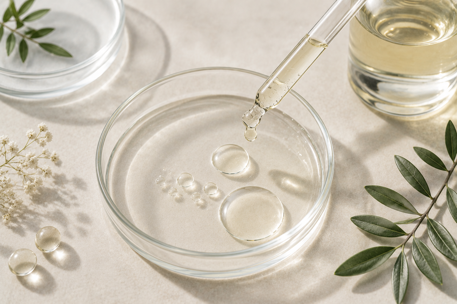 Squalan als hautpflegender Wirkstoff in einer minimalistischen Labor- und Skincare-Darstellung mit Pipette, transparentem Öl und Glasgefäßen.