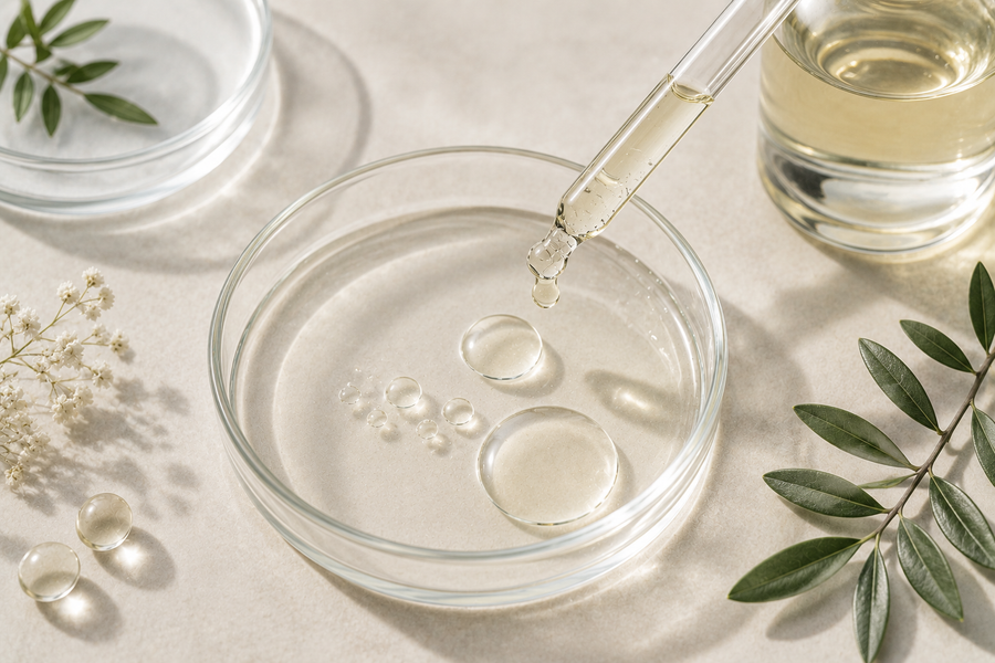Squalan als hautpflegender Wirkstoff in einer minimalistischen Labor- und Skincare-Darstellung mit Pipette, transparentem Öl und Glasgefäßen.