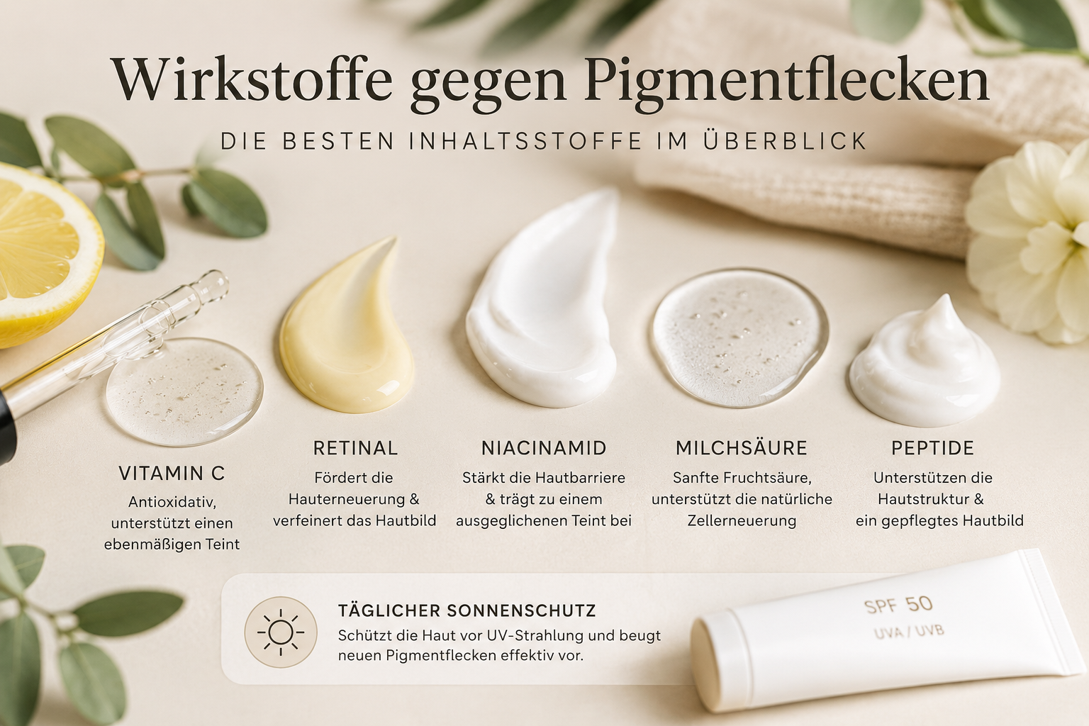 Übersicht wichtiger Wirkstoffe wie Vitamin C, Retinal, Niacinamid, Milchsäure und Peptide zur Unterstützung eines ebenmäßigen Hautbildes bei Pigmentflecken.