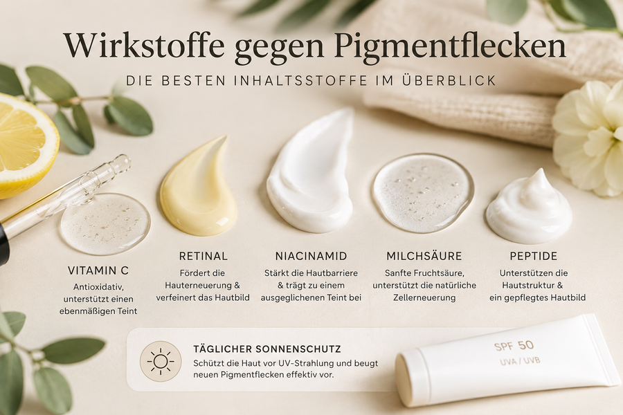 Übersicht wichtiger Wirkstoffe wie Vitamin C, Retinal, Niacinamid, Milchsäure und Peptide zur Unterstützung eines ebenmäßigen Hautbildes bei Pigmentflecken.