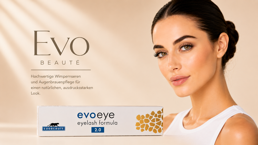 EVO BEAUTÉ EvoEye Eyelash Formula Wimpernserum mit Originalprodukt und Model mit langen natürlichen Wimpern im Premium-Markenbanner.